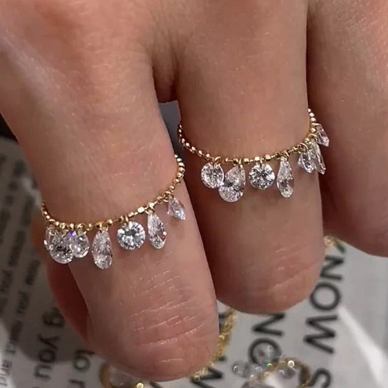 S925 Silver Pear & Round Diamond Chain Adjustable Ring, Tassel Diamond Flexible Slide Ring