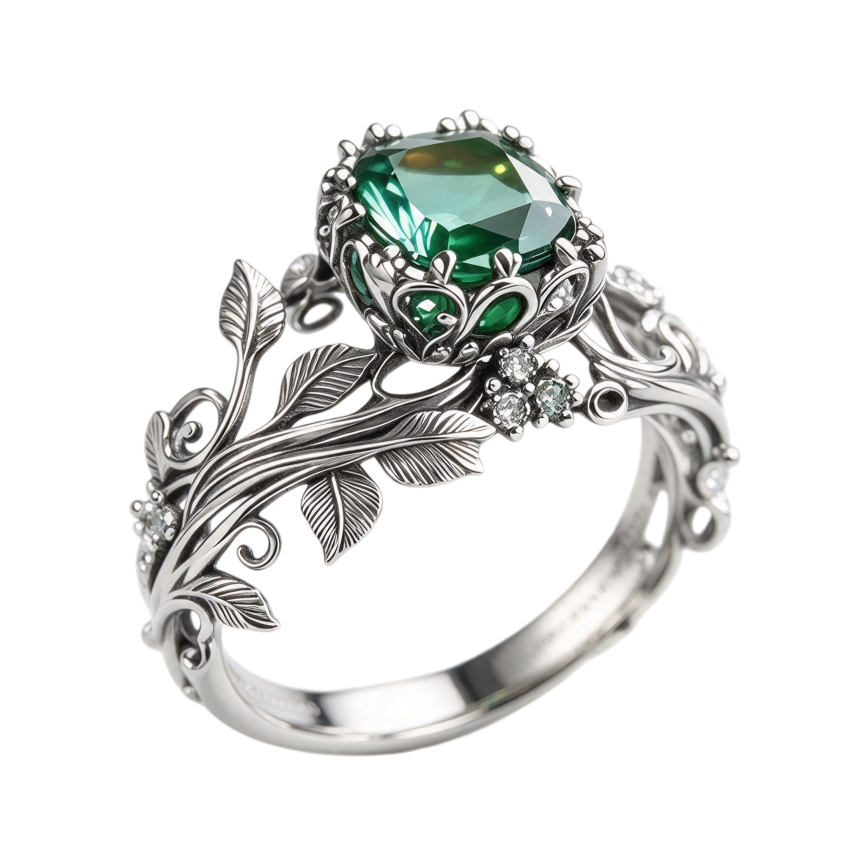 Vintage Twisted Branch Leaf Green Gemstone S925 Silver Ring