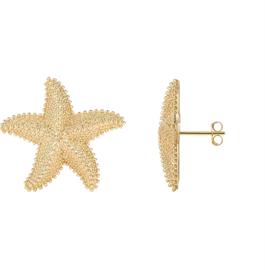 Textured 3D Starfish Stud Earrings, Vintage Granulated Ocean Style Star Jewelry Gold & Silver Vacation Accessories