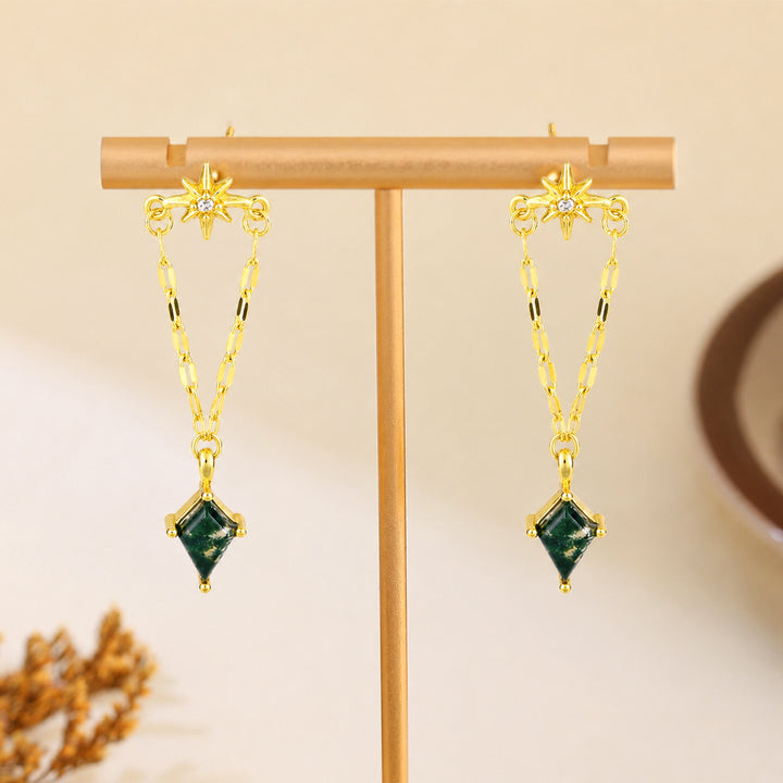 Eight‑Pointed Star Chain Dangle Earrings, S925 Silver Long Drop Earrings With Rhombus Green Gemstone