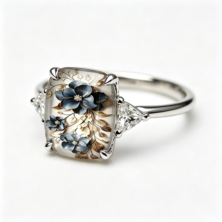 Vintage Blue Floral Relief Rectangle Resin Stone Ring, Solid S925 Silver Gold & Silver Two-Tone Artistic Botanical Band