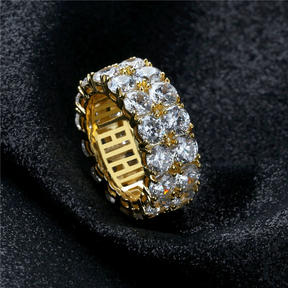 Double Row Round Diamond Full Eternity Ring, Gold Silver Yellow Stone Heavy Paved Wide Band