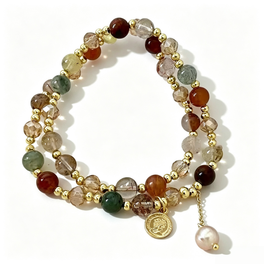 Multicolored Rutilated Quartz Double‑Layer Beaded Bracelet