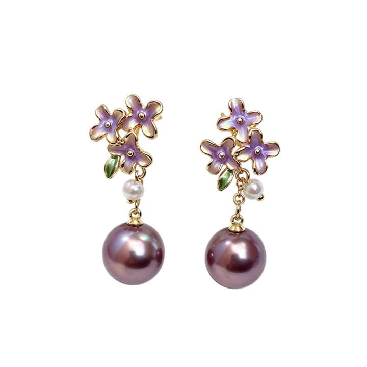 Purple Enamel Flower Dark Purple Pearl Drop S925 Silver Stud Earrings, Gentle Vintage Floral Pearl Dangle Earrings