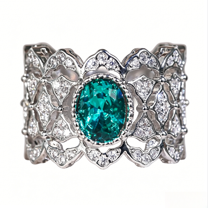 Vintage Lace Filigree Emerald Diamond Wide Band Ring (Delicate Luxury Statement Ring)
