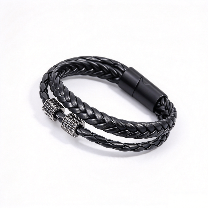Double Layer Braided Leather Men's Bracelet, Magnetic Clasp Wrist Jewelry with Rhinestone Tube Beads
