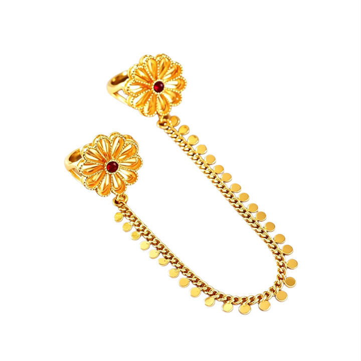 Vintage Embossed Floral Linked Double Ring Chain, Solid S925 Silver Gold-Plated 3 Gemstone Dangling Two-Finger Band