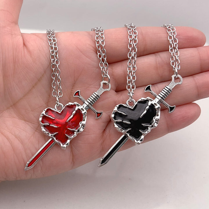 Broken Heart Sword Necklace, Dark Style Sword Through Heart Couple Pendant Set