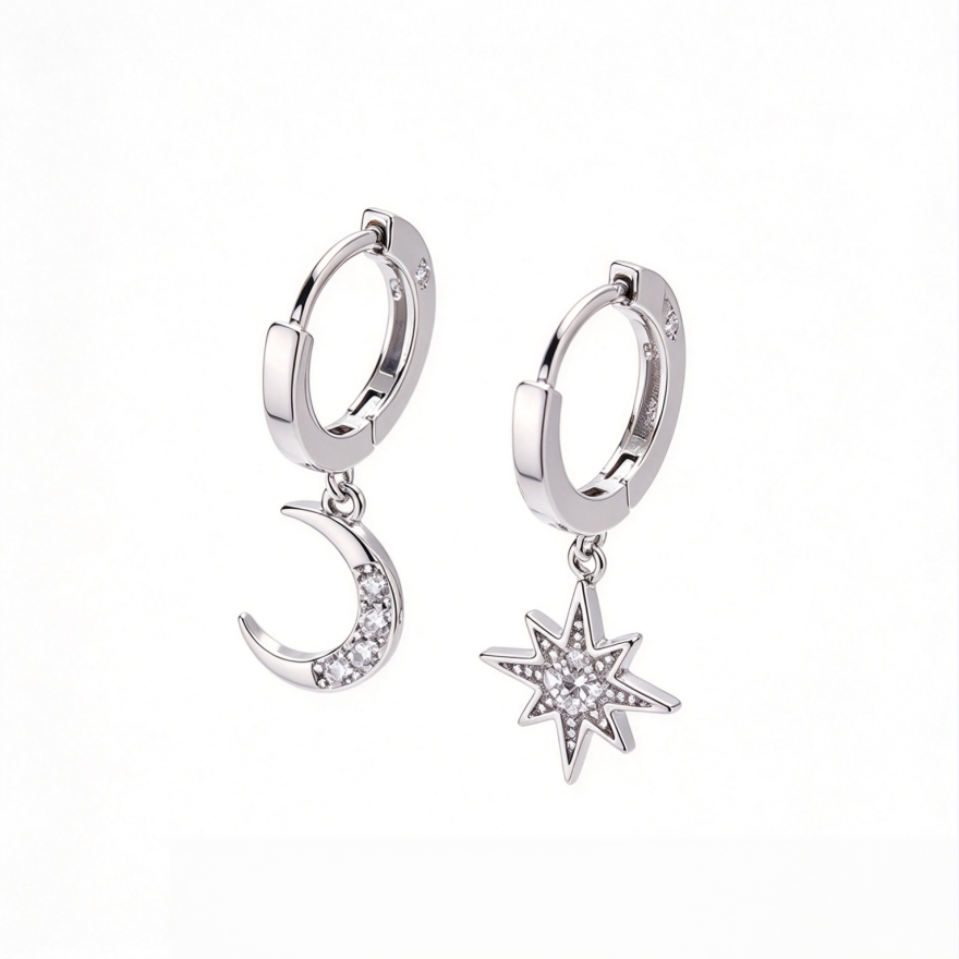 Asymmetric Star & Moon Paved Huggie Earrings, S925 Silver Hoops, Unique Octagram & Crescent Moon Drop Earrings, Gold & Silver Two Tones
