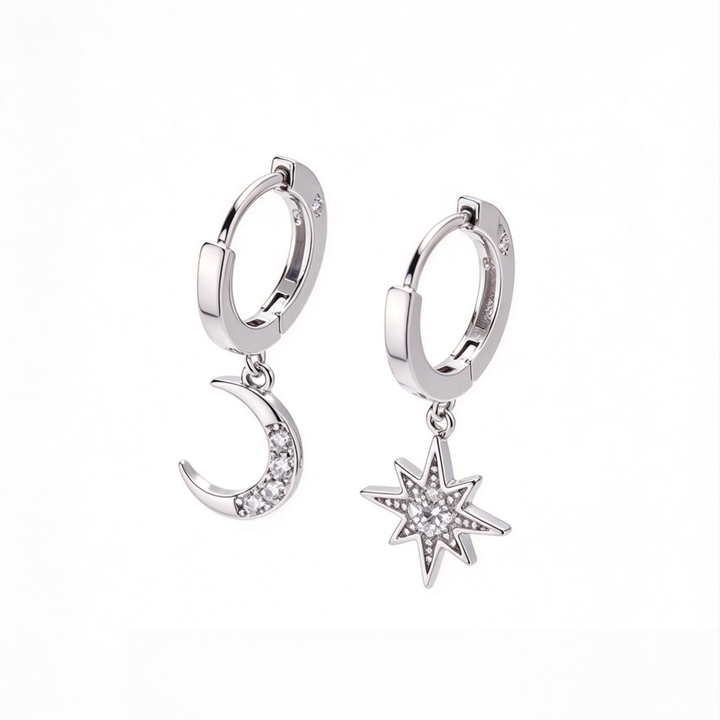 Asymmetric Star & Moon Paved Huggie Earrings, S925 Silver Hoops, Unique Octagram & Crescent Moon Drop Earrings, Gold & Silver Two Tones