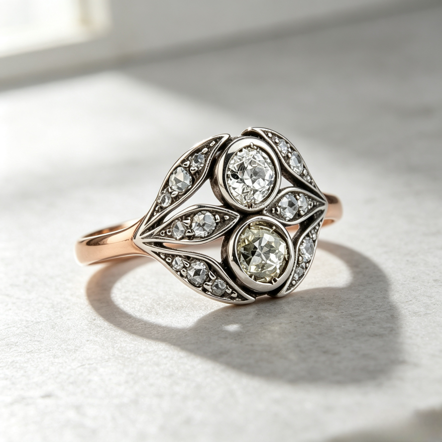Edwardian Vintage Dual Center Stone Leaf Two-Tone Ring, Solid S925 Silver Rose Gold & Antiqued White Engagement Band