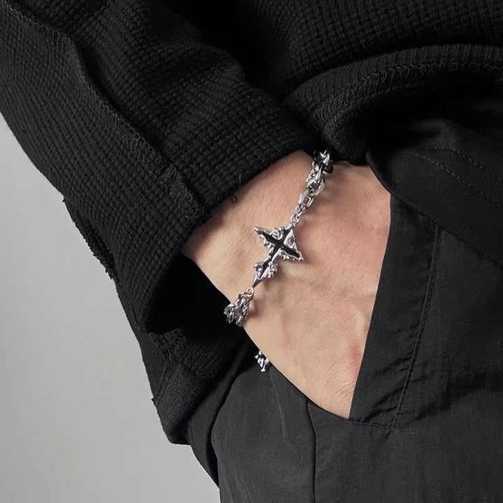 Hip Hop Double Layer Four-Pointed Star Necklace & Bracelet Set, Vintage Silver Enamel Star Unisex Street Accessories