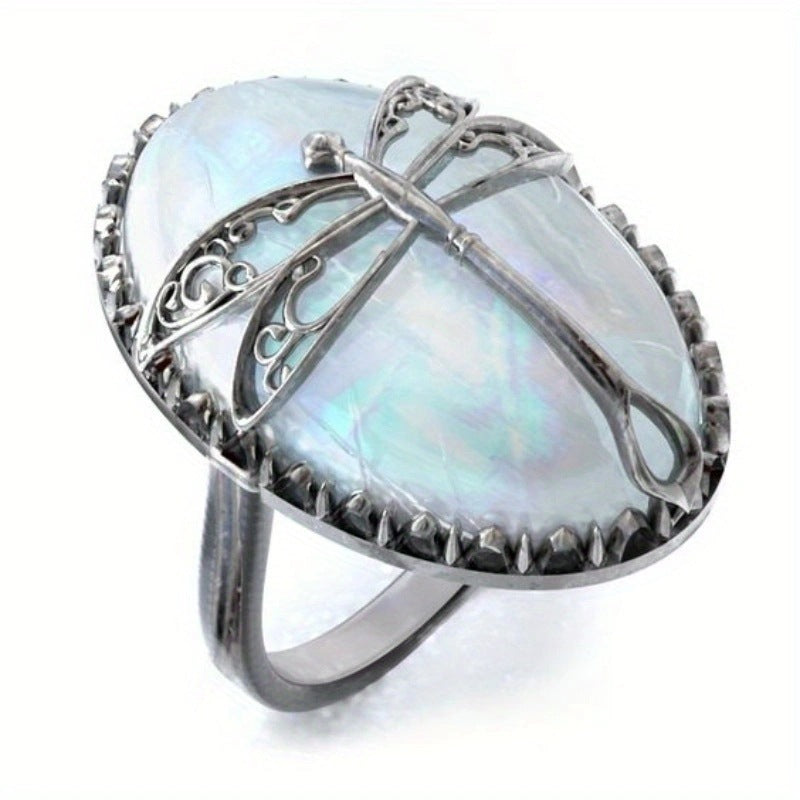 Vintage Hollow Dragonfly White Mother-of-Pearl Oval Ring, Antique S925 Silver Scalloped Bezel Art Statement Ring