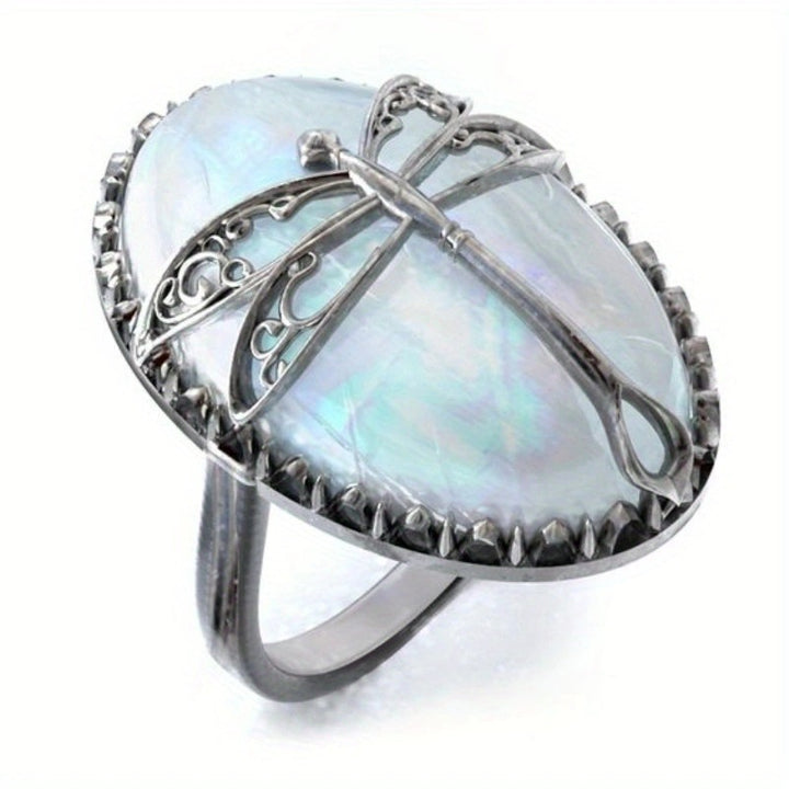 Vintage Hollow Dragonfly White Mother-of-Pearl Oval Ring, Antique S925 Silver Scalloped Bezel Art Statement Ring