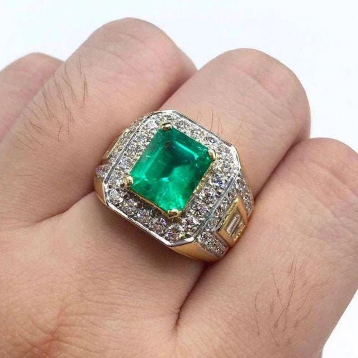 Men’s Square Green Center Stone Halo Bold Ring