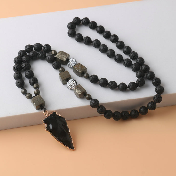 Lava Stone Pyrite Arrow Obsidian Pendant Long Necklace, Vintage Dark Style Stackable Necklace