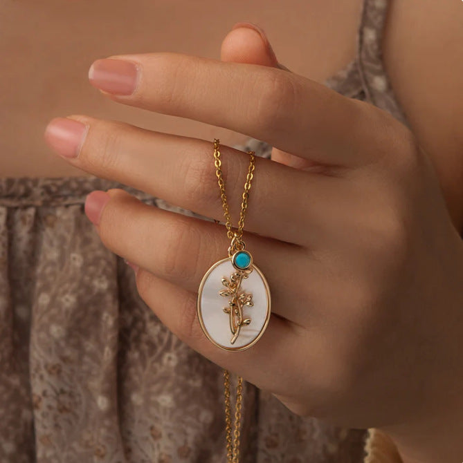 Mother-of-Pearl Carnation Birthstone Necklace (Gentle Gold Tone Pendant)