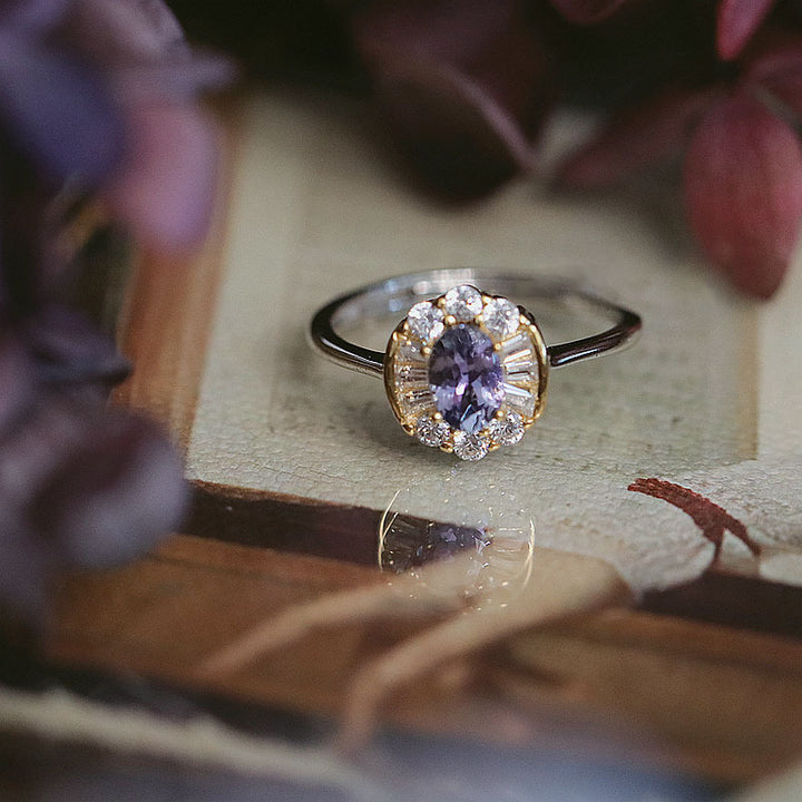Oval Purple‑Diamond Halo Two‑Tone Vintage Ring