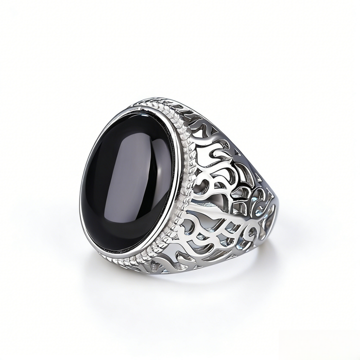 S925 Silver Black Onyx Openwork Carved Men's Ring (Vintage Luxury Gentleman's Band)