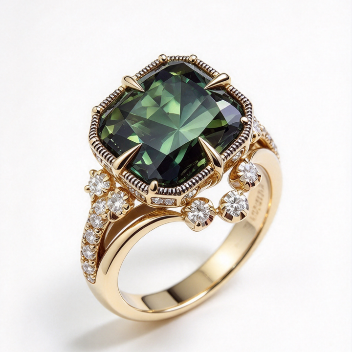 Square Green Center Stone Vintage Paved Diamond S925 Silver Gold‑Tone Ring