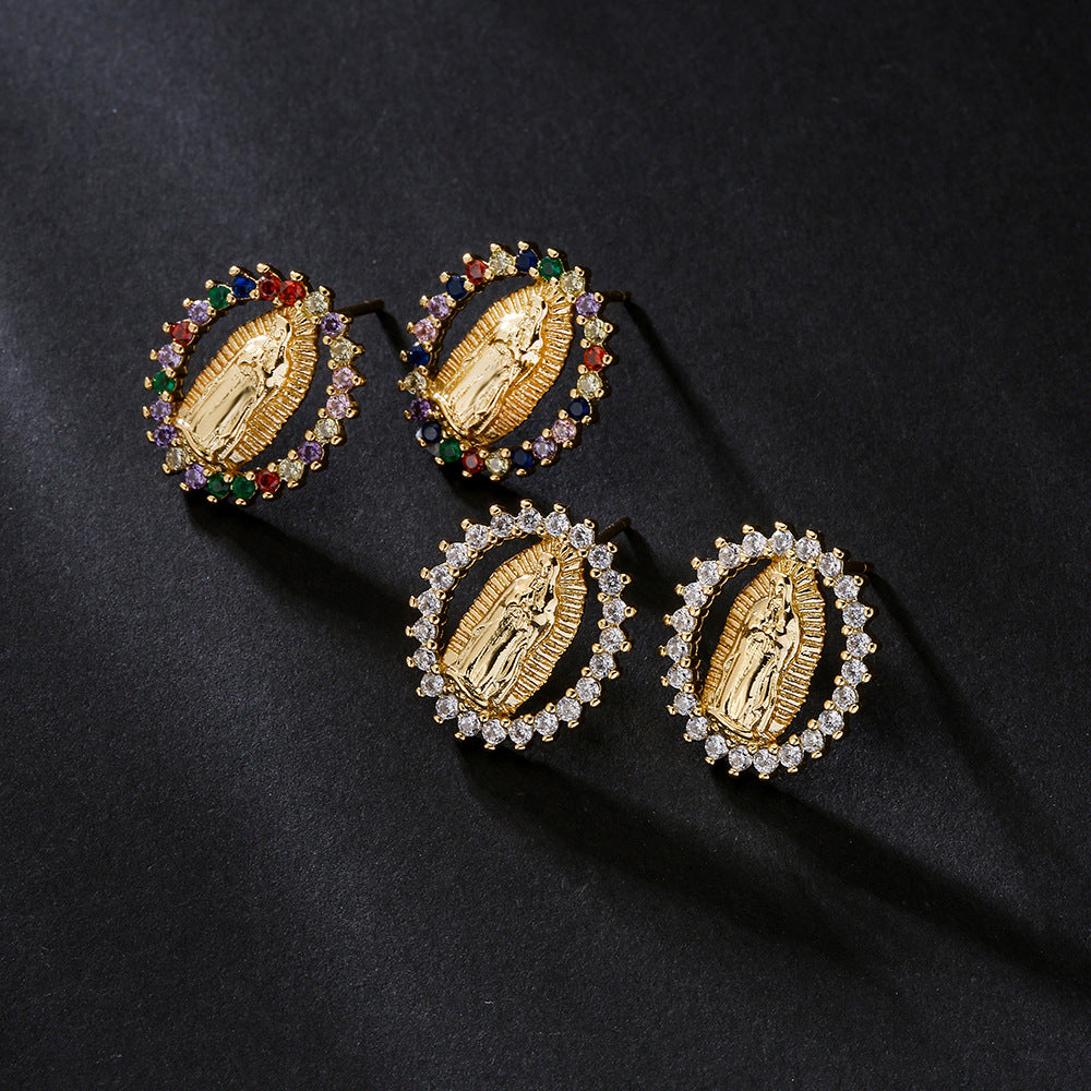 Our Lady Gemstone Stud Set (Light Luxury Niche Religious Earrings)