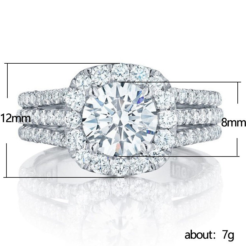 Double Halo Round Diamond Triple Row Band Ring Set, Luxury Center Stone Full Paved Engagement Ring, Gold Silver Rose Gold Three Tones Available