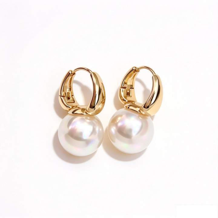 Gold Large Pearl C-shaped Huggie Earrings, Luxury Vintage Big Pearl Drop Earrings