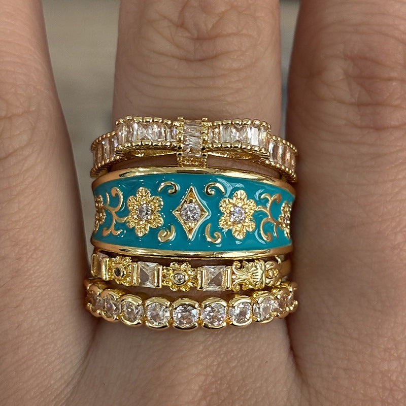 French Enamel Floral Pave Diamond 4-Piece Stackable Ring Set, Solid S925 Silver Gold Tone Vintage Palace Band Set