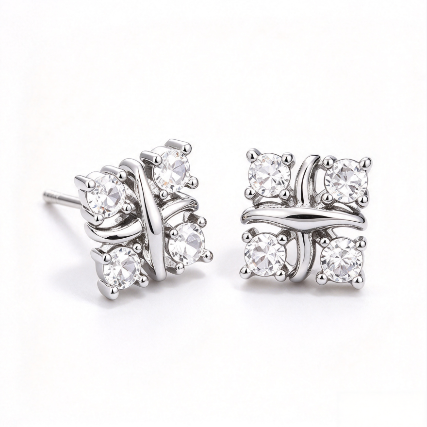 Cross Wrapped Four-Diamond S925 Silver Stud Earrings, Unique 3D Diamond Ear Jewelry, Minimalist Luxury Daily Earrings