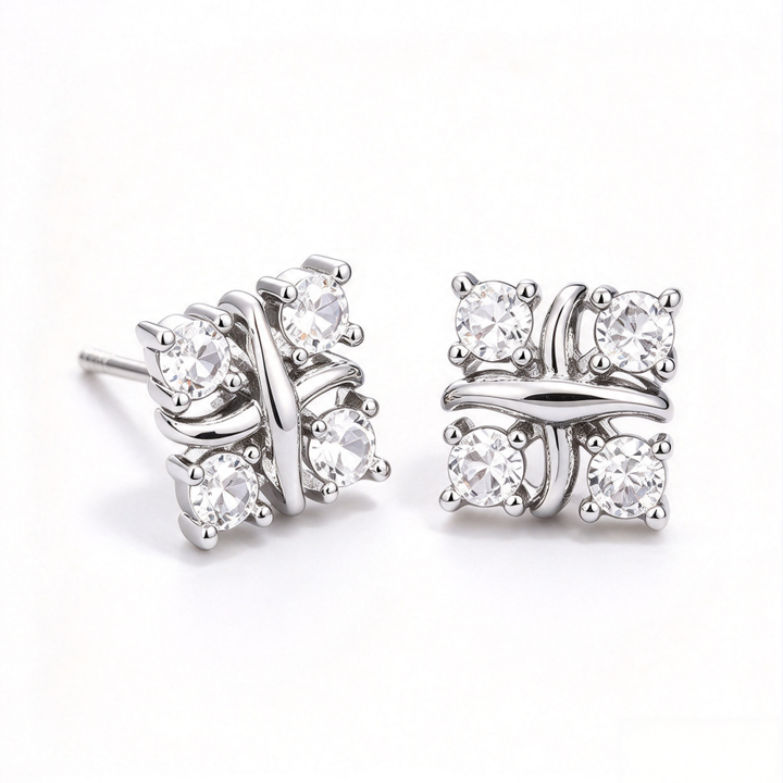 Cross Wrapped Four-Diamond S925 Silver Stud Earrings, Unique 3D Diamond Ear Jewelry, Minimalist Luxury Daily Earrings