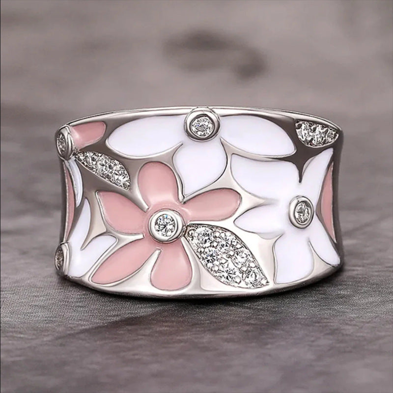 Two‑Tone Enamel Floral Wide Band Ring, Two Colors Available