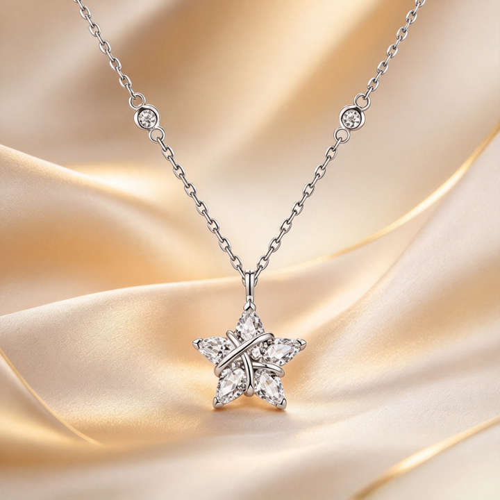 Wrapped Star Full Diamond S925 Silver Necklace, Gold & Silver Two-Tone Star Pendant Choker, Luxury Versatile Ladies Neck Chain