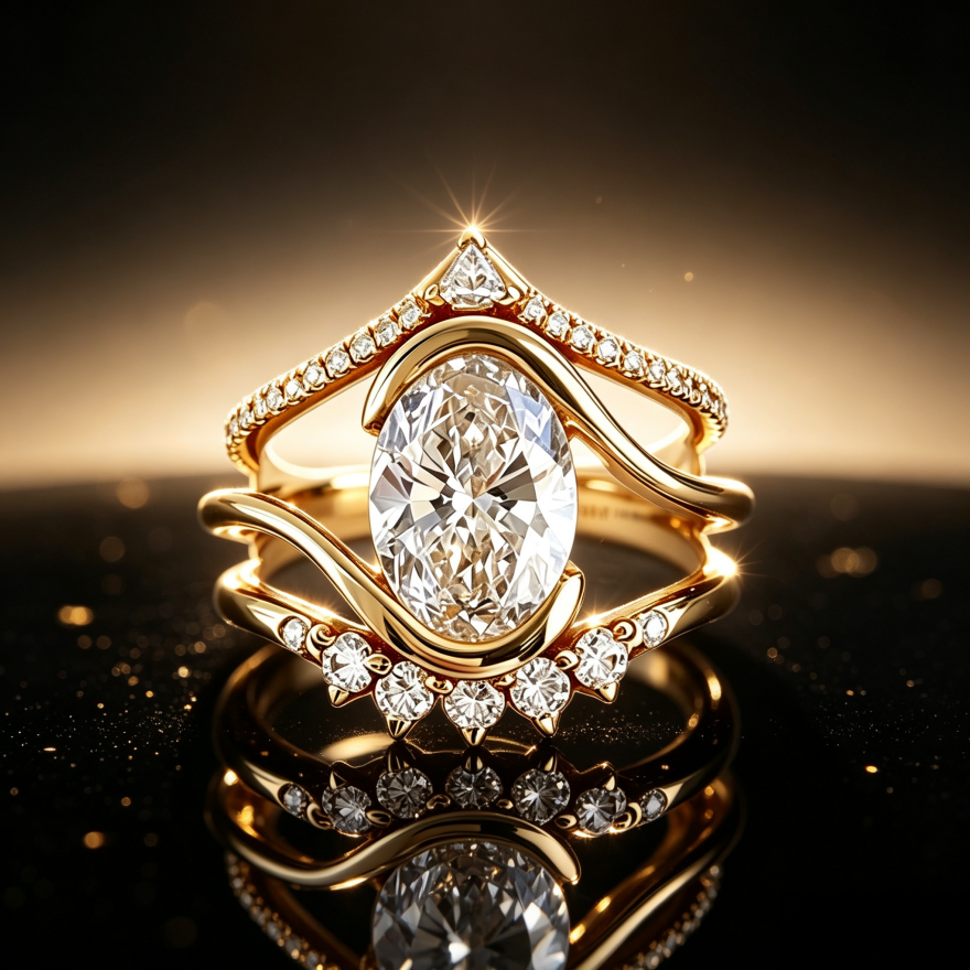 Gold Oval‑Stone Wave Stackable Ring Set