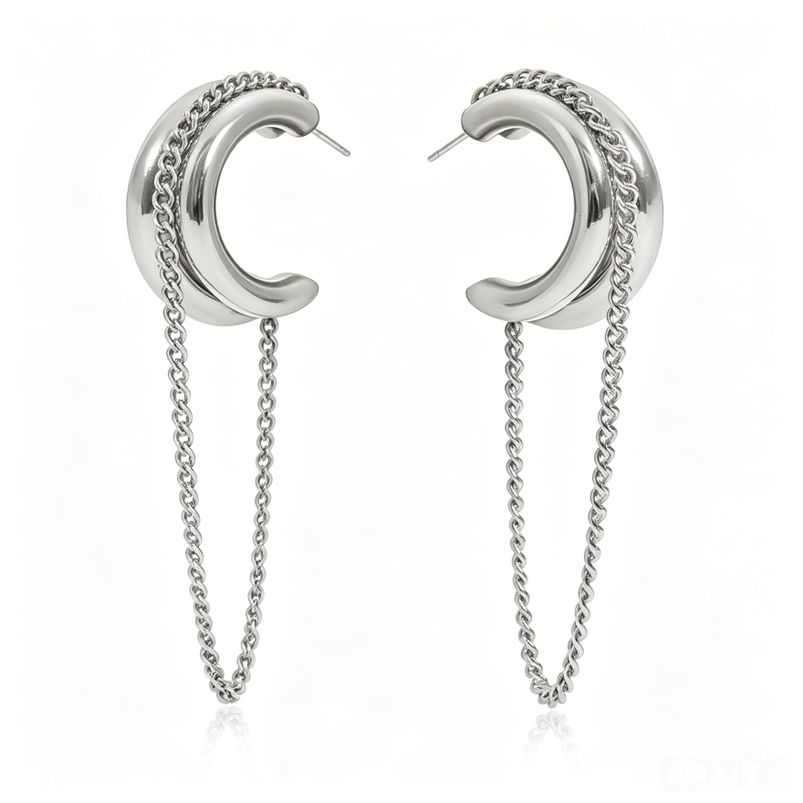 Double Layer C-Shape Hoop Chain Tassel Earrings, Two-Tone/Silver/Gold 3 Color S925 SilverGeometric Long Dangle Jewelry