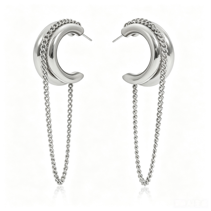 Double Layer C-Shape Hoop Chain Tassel Earrings, Two-Tone/Silver/Gold 3 Color S925 SilverGeometric Long Dangle Jewelry