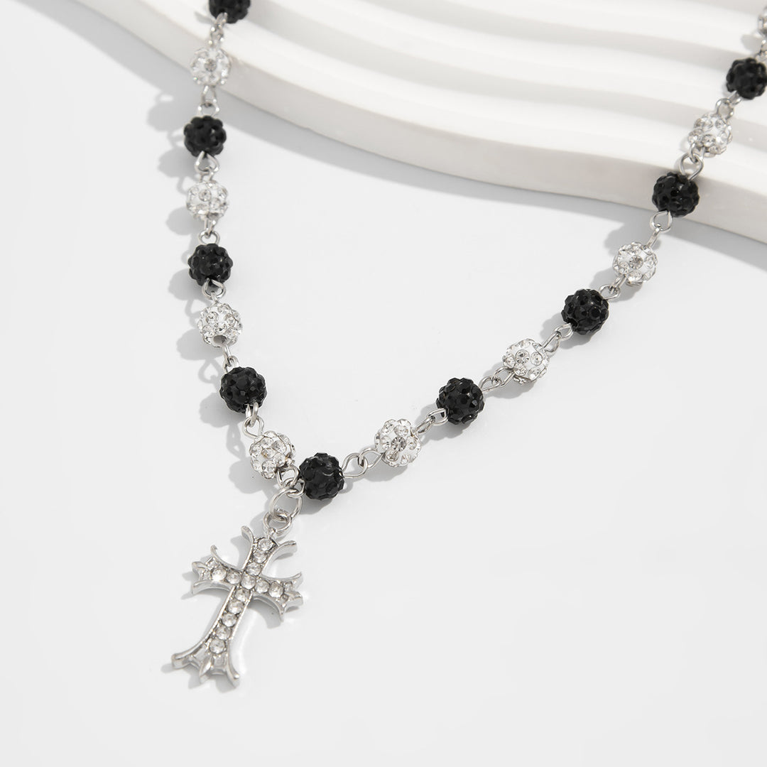 Pearl Shambhala Ball Cross Necklace, Vintage Hip Hop Adjustable Diamond Unisex Clavicle Chain for Men & Women