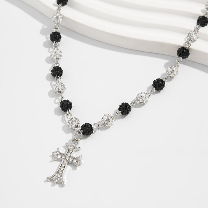 Pearl Shambhala Ball Cross Necklace, Vintage Hip Hop Adjustable Diamond Unisex Clavicle Chain for Men & Women