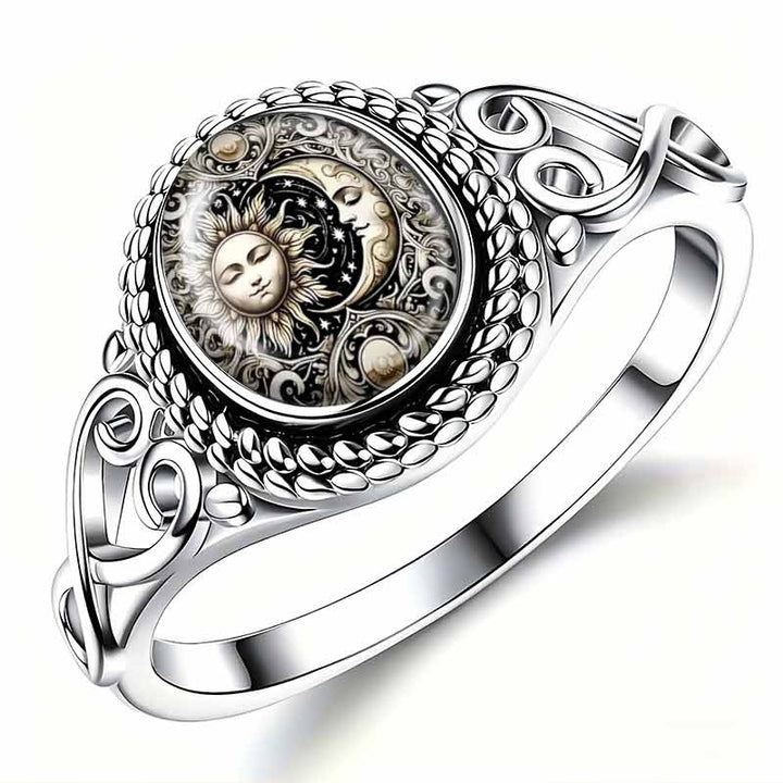 Vintage Sun‑Moon Print Open‑work S925 Sterling Silver Ring
