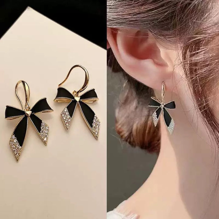 Black Enamel & Diamond Bow Drop Huggie Earrings (Gold Tone Elegant Statement Hoops)