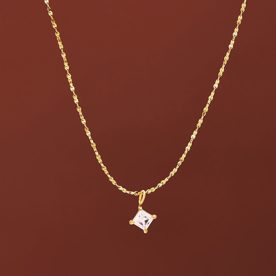 Single Square Diamond Prong-Set Necklace (Gold Tone Shimmer Chain Pendant)
