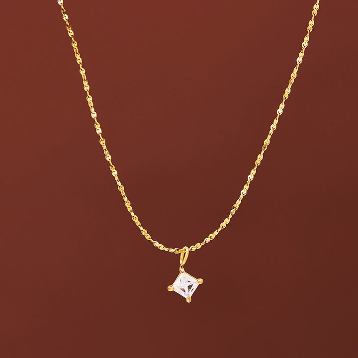 Single Square Diamond Prong-Set Necklace (Gold Tone Shimmer Chain Pendant)