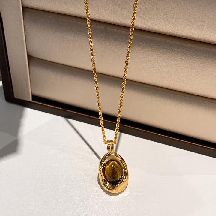S925 Silver‑Gold‑Plated Irregular Texture Tiger's Eye Pendant Necklace, Vintage Luxury Women's Choker