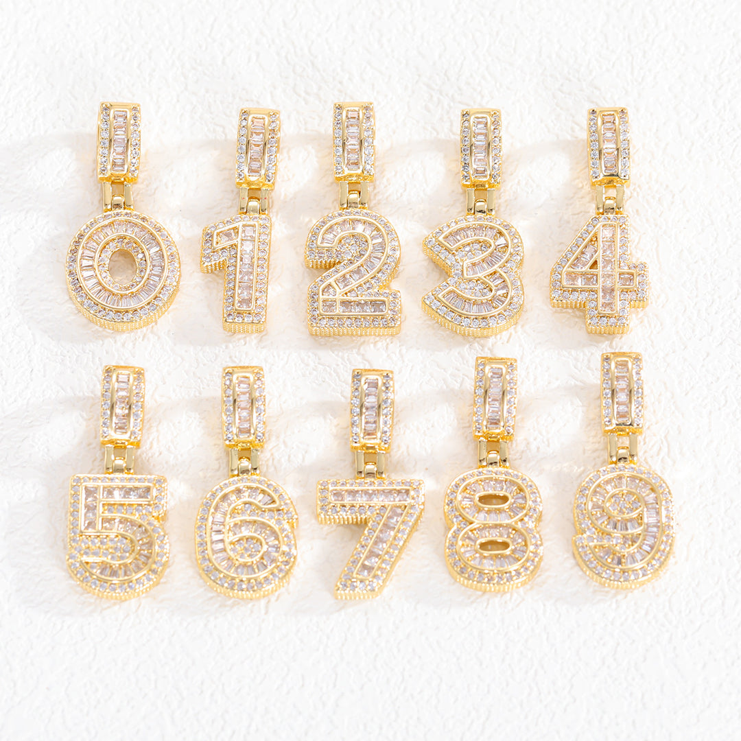 Iced-Out Number Pendant Necklace (Gold Tone Hip-Hop Style Twisted Chain)