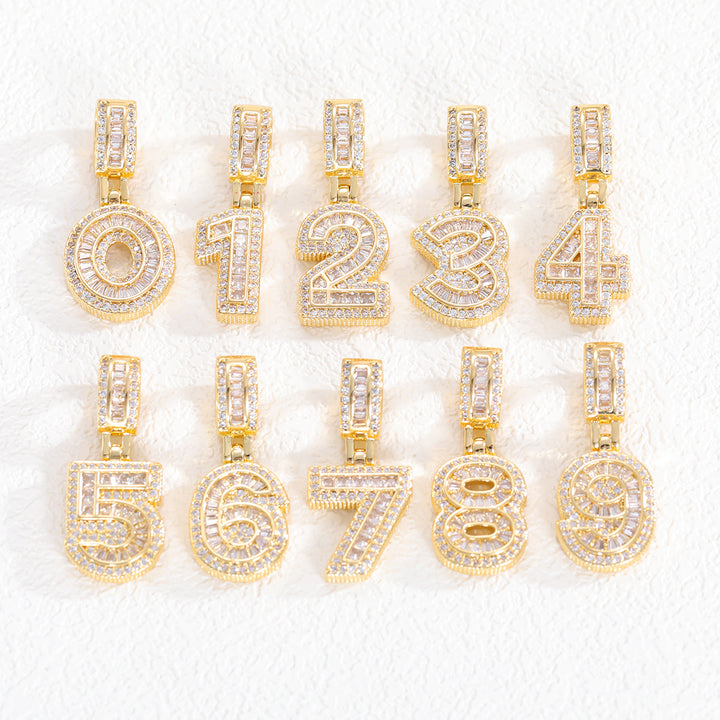 Iced-Out Number Pendant Necklace (Gold Tone Hip-Hop Style Twisted Chain)
