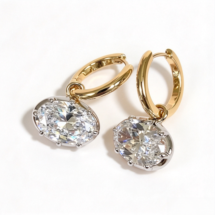 Oval Diamond Charm S925 Silver Huggie Earrings, Gold & Silver Two Tones Minimalist Oval Stone Dangle Earrings