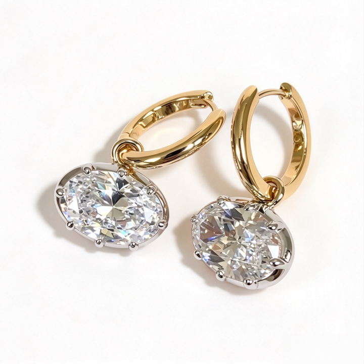Oval Diamond Charm S925 Silver Huggie Earrings, Gold & Silver Two Tones Minimalist Oval Stone Dangle Earrings