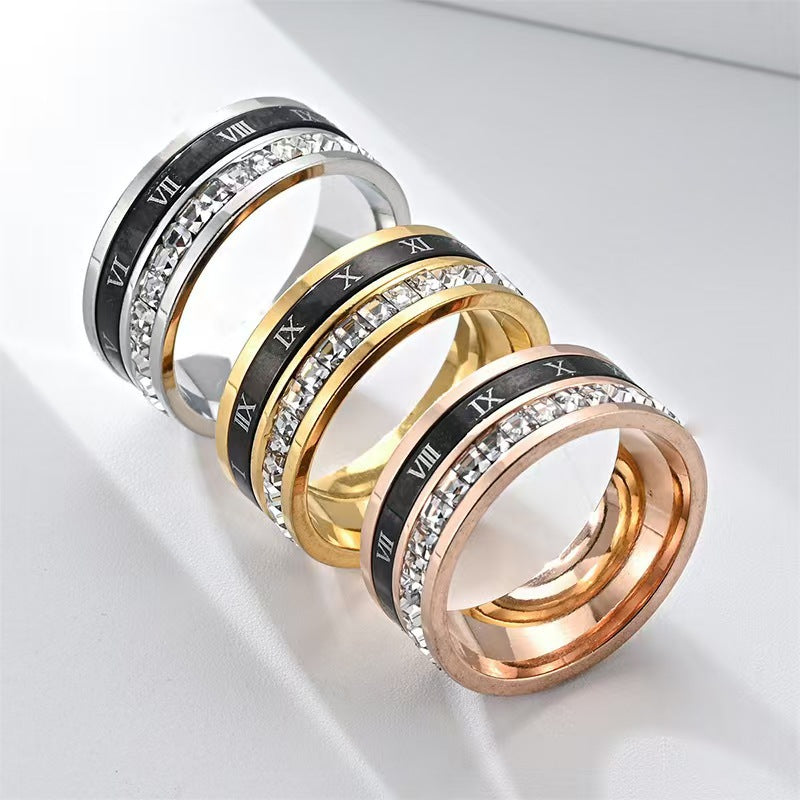 Rotatable Roman Numeral Diamond Inlaid Ring, 3-Color European Luxury Stress Relief Wide Couple Band