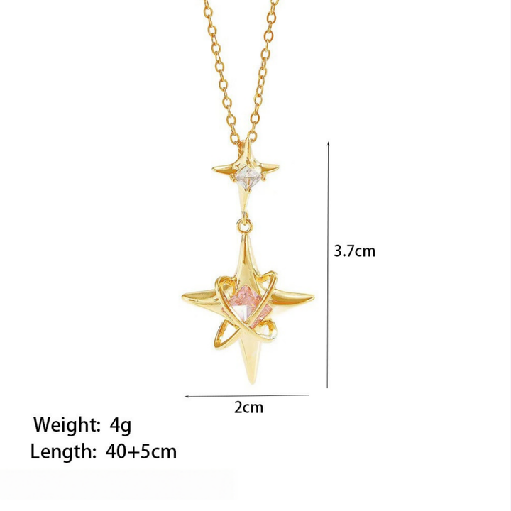Pink Diamond Double Star Pendant Necklace, Unique North Star Collarbone Chain, Gold & Silver Tone Available