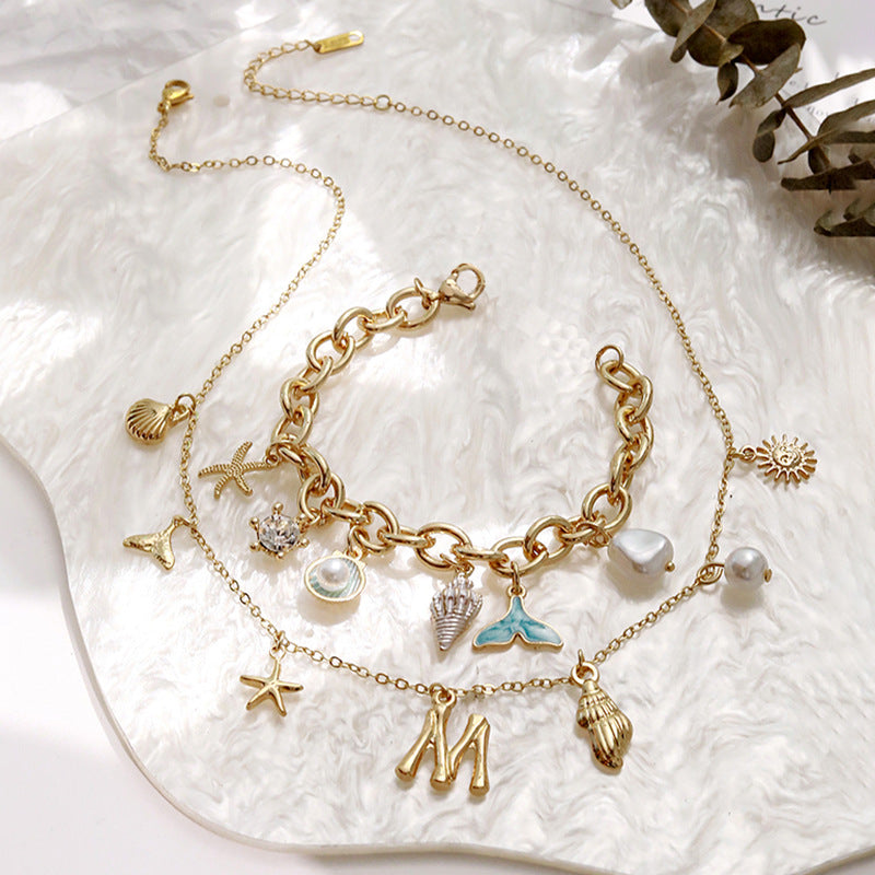 Ocean Vacation Multi-Charm Initial Choker, Starfish Shell Mermaid Tail Sun Pearl Custom Letter Thin Necklace for Women