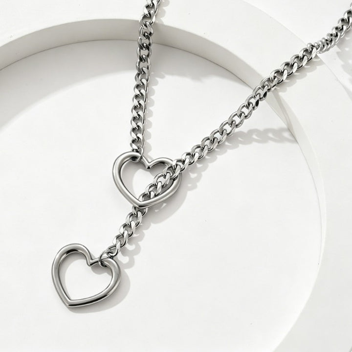 Hollow Heart Cuban Y-Slide Necklace, 4-Tone Metal Edgy Adjustable Choker